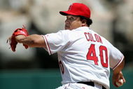 ANAHEIM, CA - APRIL 9:  Bartolo Colon #40 of the Los Angeles Angels of Anaheim throws a pitch against the New York Yankees on April 9, 2006 at Angel Stadium in Anaheim, California. The Yankees won 10-1.  (Photo by Stephen Dunn/Getty Images)