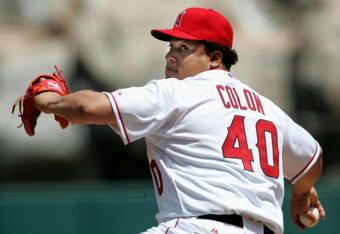ANAHEIM, CA - APRIL 9:  Bartolo Colon #40 of the Los Angeles Angels of Anaheim throws a pitch against the New York Yankees on April 9, 2006 at Angel Stadium in Anaheim, California. The Yankees won 10-1.  (Photo by Stephen Dunn/Getty Images)