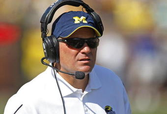 ANN ARBOR, MI - AUGUST 30:  Head coach Rich Rodriguez of the Michigan Wolverines looks on during the second quarter while playing the Utah Utes on August 30, 2008 at Michigan Stadium in Ann Arbor, Michigan.  (Photo by Gregory Shamus/Getty Images)