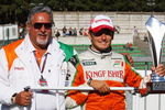 SPA FRANCORCHAMPS, BELGIUM - AUGUST 30:  Second placed Giancarlo Fisichella of Italy and Force India celebrates with his team owner Dr Vijay Mallya and team mates following the Belgian Grand Prix at the Circuit of Spa Francorchamps on August 30, 2009 in Spa Francorchamps, Belgium.  (Photo by Mark Thompson/Getty Images)