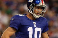 EAST RUTHERFORD, NJ - AUGUST 29: Eli Manning #10 of the New York Giants looks on against the New York Jets on August 29, 2009 at Giants Stadium in East Rutherford, New Jersey. (Photo by Jim McIsaac/Getty Images)