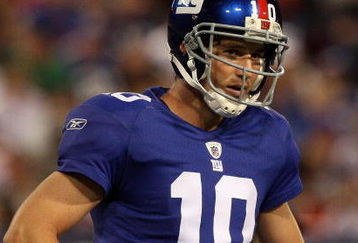 EAST RUTHERFORD, NJ - AUGUST 29:  Eli Manning #10 of the New York Giants looks on against the New York Jets on August 29, 2009 at Giants Stadium in East Rutherford, New Jersey.  (Photo by Jim McIsaac/Getty Images)
