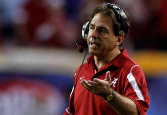 ATLANTA - DECEMBER 06:  Head coach Nick Saban of the Alabama Crimson Tide reacts to a call during the game against the Florida Gators during the SEC Championship on December 6, 2008 at the Georgia Dome in Atlanta, Georgia. The Gators defeated the Crimson Tide 31-20.  (Photo by Chris Graythen/Getty Images)