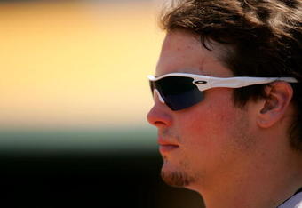 OAKLAND, CA - MAY 09:  Travis Snider #45 of  the Toronto Blue Jays stands for the National Anthem before their game against the Oakland Athletics on May 9, 2009 at the Oakland Coliseum in Oakland, California.  (Photo by Ezra Shaw/Getty Images)