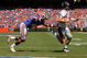 GAINESVILLE, FL - SEPTEMBER 27: Quarterback Jevan Snead #4 of the Ole Miss Rebels runs for a touchdown against Brnadon Hicks #40 of the Florida Gators during the game at Ben Hill Griffin Stadium on September 27, 2008 in Gainesville, Florida. (Photo by Sam Greenwood/Getty Images)
