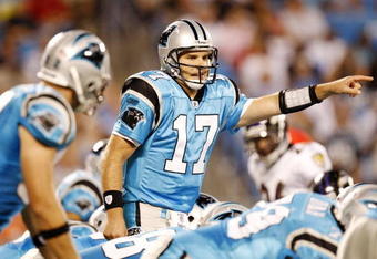 CHARLOTTE, NC - AUGUST 29: Quarterback Jake Delhomme #17 of the Carolina Panthers signals to his team during their game against the Baltimore Ravens at Bank of America Stadium on August 29, 2009 in Charlotte, North Carolina. (Photo by Streeter Lecka/Getty Images)