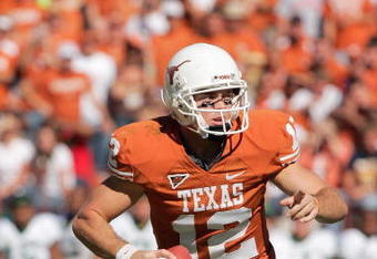 AUSTIN, TX - NOVEMBER 8:  Quarterback Colt McCoy #12 of the Texas Longhorns looks to pass the ball during the game against the Baylor Bears on November 8, 2008 at Darrell K Royal-Texas Memorial Stadium in Austin, Texas.  Texas won 45-21. (Photo by Brian Bahr/Getty Images)
