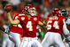 KANSAS CITY, MO - AUGUST 29: Quarterback Tyler Thigpen #4 of the Kansas City Chiefs throws a pass against the Seattle Seahawks during their preseason game at Arrowhead Stadium on August 29, 2009 in Kansas City, Missouri. (Photo by Dilip Vishwanat/Getty Images)