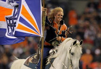 DENVER - AUGUST 30:  Ann Judge Wegener rides Thunder in celebration of a touchdown by the Denver Broncos against the Chicago Bears during preseason NFL action at INVESCO Field at Mile High on August 30, 2009 in Denver, Colorado. The Bears defeated the Broncos 27-17.  (Photo by Doug Pensinger/Getty Images)
