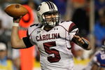 GAINESVILLE, FL - NOVEMBER 15:  Quarterback Stephen Garcia #5 of the South Carolina Gamecocks throws a pass while taking on the Florida Gators at Ben Hill Griffin Stadium on November 15, 2008 in Gainesville, Florida. Florida defeated South Carolina 56-6.  (Photo by Doug Benc/Getty Images)