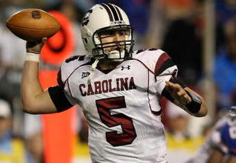 GAINESVILLE, FL - NOVEMBER 15:  Quarterback Stephen Garcia #5 of the South Carolina Gamecocks throws a pass while taking on the Florida Gators at Ben Hill Griffin Stadium on November 15, 2008 in Gainesville, Florida. Florida defeated South Carolina 56-6.  (Photo by Doug Benc/Getty Images)