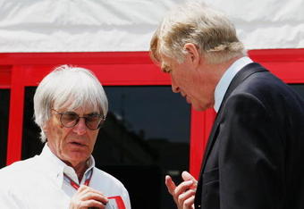 MONTE CARLO, MONACO - MAY 28:  (L-R) Bernie Ecclestone and Max Mosley talk prior to the Monaco Formula One Grand Prix at the Monte Carlo Circuit on May 28, 2006, in Monte Carlo, Monaco.  (Photo by Clive Mason/Getty Images)