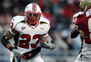 CHESTNUT HILL, MA - NOVEMBER 29:  Da'Rel Scott #23 of the Maryland Terrapins carries the ball in the first half against the Boston College Eagles on November 29, 2008 at Alumni Stadium in Chestnut Hill, Massachusetts.  (Photo by Elsa/Getty Images)