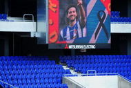 BARCELONA, SPAIN - AUGUST 11: A picture of late Espanyol captain Daniel Jarque is seen inside the Nuevo Estadio de Cornella-El Prat in his memory on August 11, 2009 in Barcelona, Spain. The 26-year-old midfielder died at the weekend after suffering a heart attack while on a pre-season training camp with his team in Italy. (Photo by Samuel Aranda/Getty Images)