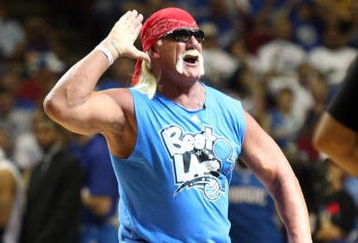ORLANDO, FL - JUNE 11:  Former pro wrestler Hulk Hogan poses for the crowd prior to Game Four of the 2009 NBA Finals between the Los Angeles Lakers and the Orlando Magic at Amway Arena on June 11, 2009 in Orlando, Florida.  The Lakers won 99-91 in overtime and lead the series 3-1.  NOTE TO USER: User expressly acknowledges and agrees that, by downloading and or using this photograph, User is consenting to the terms and conditions of the Getty Images License Agreement. (Photo by Elsa/Getty Images)