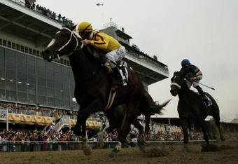BALTIMORE - MAY 16:  Jockey Calvin Borel riding Rachel Alexandra wins the 134th Running of the Preakness Stakes at Pimlico Race Course on May 16, 2009 in Baltimore, Maryland.  (Photo by Al Bello/Getty Images)