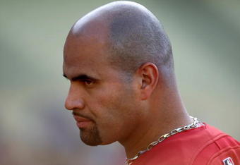 LOS ANGELES, CA - AUGUST 18: Albert Pujols #5 of the St. Louis Cardinals looks on during warmups before the game with the Los Angeles Dodgers at Dodger Stadium August 18, 2009 in Los Angeles, California.  (Photo by Stephen Dunn/Getty Images)