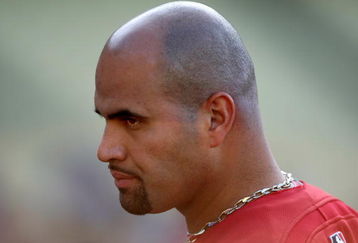 LOS ANGELES, CA - AUGUST 18: Albert Pujols #5 of the St. Louis Cardinals looks on during warmups before the game with the Los Angeles Dodgers at Dodger Stadium August 18, 2009 in Los Angeles, California.  (Photo by Stephen Dunn/Getty Images)