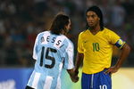 BEIJING - AUGUST 19:  Lionel Messi of Argentina and Ronaldinho of Brazil shake hands during the men's football semifinal match between Argentina and Brazil at Workers' Stadium on Day 11 of the Beijing 2008 Olympic Games on August 19, 2008 in Beijing, China.  (Photo by Shaun Botterill/Getty Images)