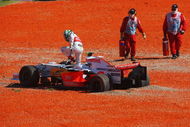 MELBOURNE, AUSTRALIA - MARCH 16: Giancarlo Fisichella of Italy and Force India ends up in the gravel at the first corner at the start of the Australian Formula One Grand Prix at the Albert Park Circuit on March 16, 2008 in Melbourne, Australia. (Photo by Mark Thompson/Getty Images)