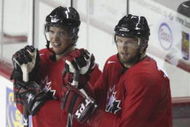 CALGARY, AB - AUGUST 24: Linemates (from left) Sidney Crosby, Rick Nash and Jarome Iginla during the second practice of the Team Canada Olympic Orientation Camp on August 24, 2009 at the Pengrowth Saddledome in Calgary, Alberta, Canada. (Photo by Mike Ridewood/Getty Images)