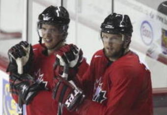CALGARY, AB - AUGUST 24: Linemates (from left) Sidney Crosby, Rick Nash and Jarome Iginla during the second practice of the Team Canada Olympic Orientation Camp on August 24, 2009 at the Pengrowth Saddledome in Calgary, Alberta, Canada. (Photo by Mike Ridewood/Getty Images)