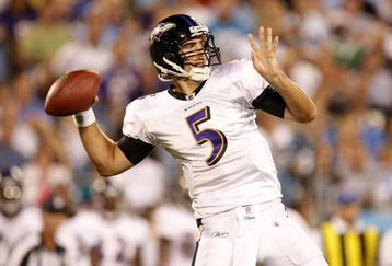 CHARLOTTE, NC - AUGUST 29: Quarterback Joe Flacco #5 of the Baltimore Ravens drops back to pass against the Carolina Panthers during their preseason game at Bank of America Stadium on August 29, 2009 in Charlotte, North Carolina. (Photo by Streeter Lecka/Getty Images)