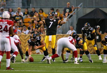 PITTSBURGH - AUGUST 13:  Ben Roethlisberger #7 of the Pittsburgh Steelers calls signals during the preseason NFL game against the Arizona Cardinals at Heinz Field on August 13, 2009 in Pittsburgh, Pennsylvania.  The Steelers won 20-10.  (Photo by Rick Stewart/Getty Images)