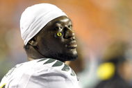 BOISE, ID - SEPTEMBER 3: LaGarrette Blount #9 of the Oregon Ducks watches the clock as it winds downs and the Boise State defeat Oregon 19-8 on September 3, 2009 at Bronco Stadium in Boise, Idaho. Blount punched a Boise State Broncos player after the game causing quite a commotion and talk of him being arrested. (Photo by Steve Dykes/Getty Images)