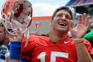 GAINESVILLE, FL - APRIL 18: Quarterback Tim Tebow #15 of the University of Florida celebrates after the spring football orange and blue game April 18, 2009 at Ben Hill Griffin Stadium in Gainesville, Florida.  (Photo by Al Messerschmidt/Getty Images)