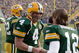 GREEN BAY, WI - NOVEMBER 11: Brett Favre #4 of the Green Bay Packers talks with  Aaron Rodgers #12 during the game against the Minnesota Vikings give chase on November 11, 2007 at Lambeau Field in Green Bay, Wisconsin. (Photo by Jonathan Daniel/Getty Images)