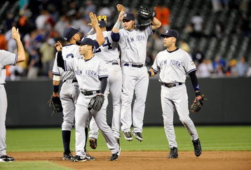 BALTIMORE - SEPTEMBER 01:  Derek Jeter #2 and Nick Swisher #33 of the New York Yankees celebrate with teammates after a 9-6 victory against the Baltimore Orioles at Camden Yards on September 1, 2009 in Baltimore, Maryland.  (Photo by Greg Fiume/Getty Images)