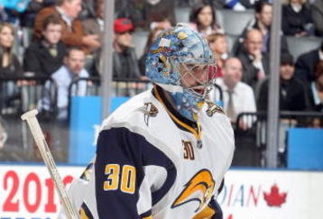 TORONTO - APRIL 8:  Ryan Miller #30 of the Buffalo Sabres guards the net against the Toronto Maple Leafs during their NHL game at the Air Canada Centre on April 8, 2009 in Toronto, Ontario. (Photo by: Dave Sandford/Getty Images)