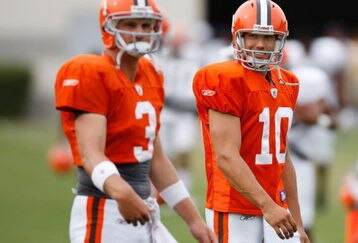 BEREA, OH - AUGUST 07:  Brady Quinn #10 of the Cleveland Browns talks with Derek Anderson #3 during training camp at the Cleveland Browns Training and Administrative Complex on August 7, 2009 in Berea, Ohio.  (Photo by Gregory Shamus/Getty Images)