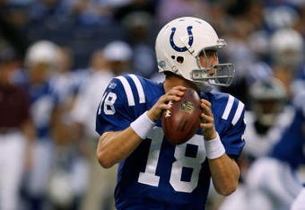 INDIANAPOLIS, IN - AUGUST 20: Quarterback Peyton Manning #18 of the Indianapolis Colts drops back to pass the football against the Philadelphia Eagles at Lucas Oil Stadium on August 20, 2009 in Indianapolis, Indiana. (Photo by Scott Boehm/Getty Images)