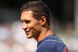 NEW YORK - APRIL 19:  Grady Sizemore #24 of the Cleveland Indians stands on first base after getting a hit during their game against the New York Yankees at Yankee Stadium on April 19, 2009 in the Bronx borough of New York City.  (Photo by Ezra Shaw/Getty Images)