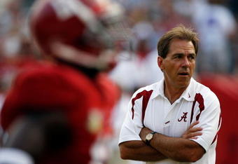 TUSCALOOSA, AL - SEPTEMBER 01:  Head Coach Nick Saban of Alabama watches practice before taking on Western Carolina on September 1, 2007 at Bryant-Denny Stadium in Tuscaloosa, Alabama. (Photo by Chris Graythen/Getty Images)