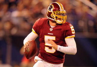 BALTIMORE, MD - AUGUST 13:  Colt Brennan #5 of the Washington Redskins looks to throw a pass during a NFL preseason football game against the Baltimore Ravens on August 13, 2009 at M & T Bank Stadium in Baltimore, Maryland.   (Photo by Mitchell Layton/Getty Images)