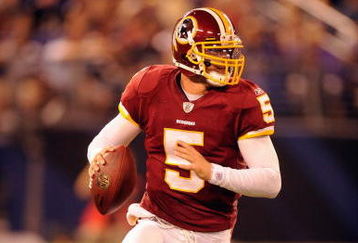 BALTIMORE, MD - AUGUST 13:  Colt Brennan #5 of the Washington Redskins looks to throw a pass during a NFL preseason football game against the Baltimore Ravens on August 13, 2009 at M & T Bank Stadium in Baltimore, Maryland.   (Photo by Mitchell Layton/Getty Images)