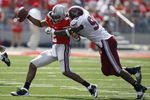 COLUMBUS, OH - SEPTEMBER 20:  Terrelle Pryor #2 of the Ohio State Buckeyes is sacked in the third quarter by Dion Gales #98 of the Troy Trojans on September 20, 2008 at Ohio Stadium in Columbus, Ohio. Ohio State won the game 28-10.  (Photo by Gregory Shamus/Getty Images)