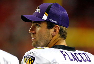 ATLANTA - SEPTEMBER 03:  Quarterback Joe Flacco #5 of the Baltimore Raves watches from the sidelines against the Atlanta Falcons at Georgia Dome on September 3, 2009 in Atlanta, Georgia.  (Photo by Kevin C. Cox/Getty Images)