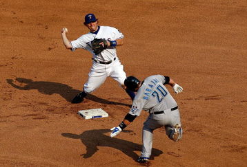 ARLINGTON, TX - SEPTEMBER 01:  Second baseman Ian Kinsler #5 of the Texas Rangers makes the out against Rod Barajas #20 of the Toronto Blue Jays on September 1, 2009 at Rangers Ballpark in Arlington, Texas.  (Photo by Ronald Martinez/Getty Images)