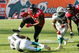MIAMI - NOVEMBER 6: Tight end Alge Crumpler #83 of the Atlanta Falcons jumps over cornerback Travis Daniels #21 of the Miami Dolphins after a pass reception on November 6, 2005 at Dolphins Stadium in Miami, Florida. The Falcons defeated the Dolphins 17-10. (Photo by Paul Spinelli/Getty Images)