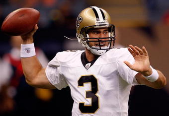 NEW ORLEANS - SEPTEMBER 03:  Joey Harrington #3 of the New Orleans Saints looks to throw a pass against the Miami Dolphins at the Louisiana Superdome on September 3, 2009 in New Orleans, Louisiana.  (Photo by Chris Graythen/Getty Images)