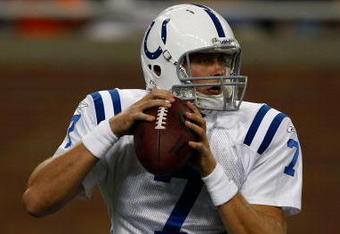 DETROIT, MI - AUGUST 28: Quarterback Curtis Painter #7 of the Indianapolis Colts drops back to pass the football against the Detroit Lions at Ford Field on August 28, 2009 in Detroit, Michigan.  The Lions defeated the Colts 18-17. (Photo by Scott Boehm/Getty Images)