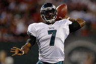 EAST RUTHERFORD, NJ - SEPTEMBER 3: Michael Vick #7 of the Philadelphia Eagles throws a pass during the game against the New York Jets on September 3, 2009 at Giants Stadium in East Rutherford, New Jersey. (Photo by Jared Wickerham/Getty Images)