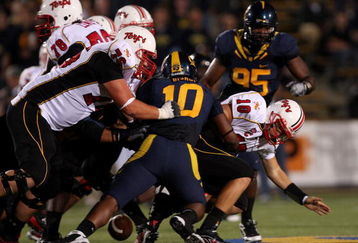 BERKELEY, CA - SEPTEMBER 05:  The California Golden Bears force Chris Turner #10 of the Maryland Terrapins to fumble the ball during the first half of their game at California Memorial Stadium on September 5, 2009 in Berkeley, California.  (Photo by Ezra Shaw/Getty Images)