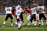 DENVER - AUGUST 30:  Quarterback Jay Cutler #6 of the Chicago Bears is protected by his offensive linemen Orlando Pace #76, Olin Kreutz #57 and Roberto Garza #57 against the Denver Broncos during preseason NFL action at INVESCO Field at Mile High on August 30, 2009 in Denver, Colorado. The Bears defeated the Broncos 27-17.  (Photo by Doug Pensinger/Getty Images)
