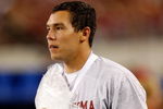 ARLINGTON, TX - SEPTEMBER 05:  Quarterback Sam Bradford #14 of the Oklahoma Sooners on the sidelines after suffering an injury against the Brigham Young Cougars at Cowboys Stadium on September 5, 2009 in Arlington, Texas.  (Photo by Ronald Martinez/Getty Images)