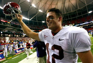 ATLANTA - SEPTEMBER 05:  Quarterback Greg McElroy #12 of the Alabama Crimson Tide celebrates after their 34-24 win over the Virginia Tech Hokies during the Chick-fil-A Kickoff Game at Georgia Dome on September 5, 2009 in Atlanta, Georgia.  (Photo by Kevin C. Cox/Getty Images)
